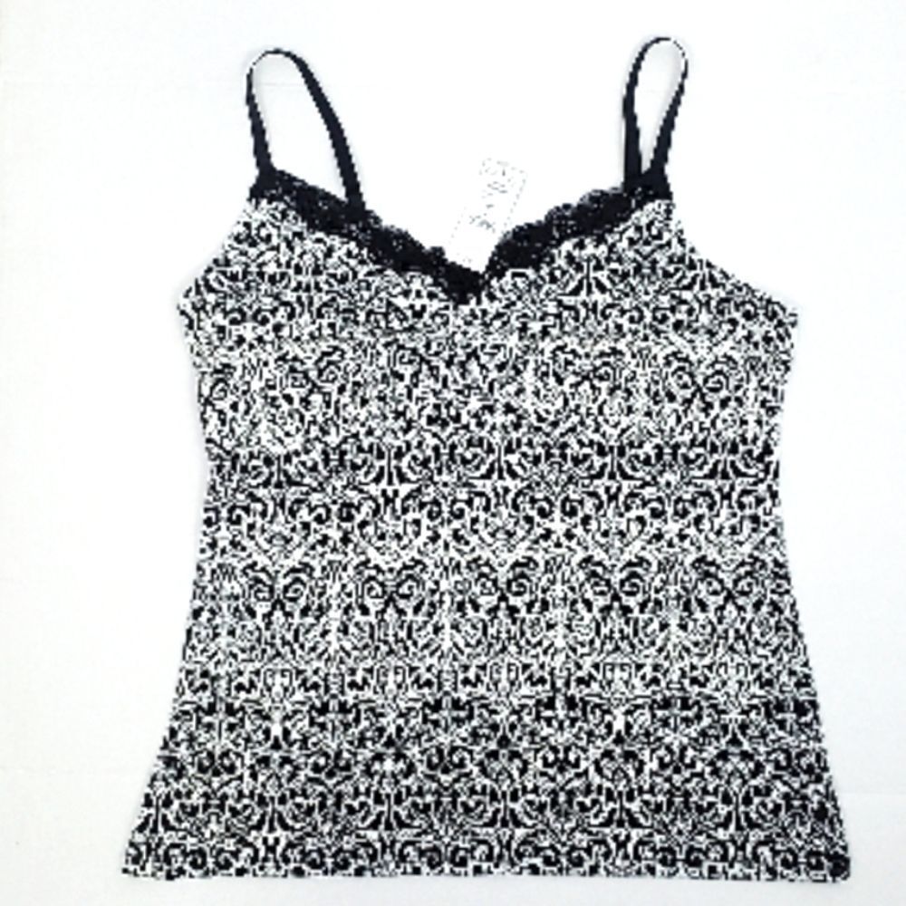 White House Black Market Black and White Printed Lace-Trim Cami